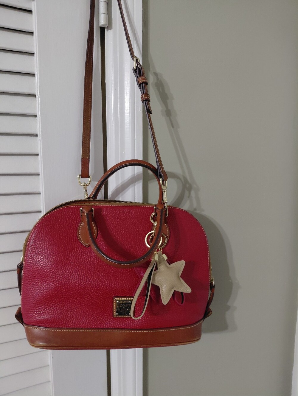 Red Dome Satchel Handbag with Brown Trim